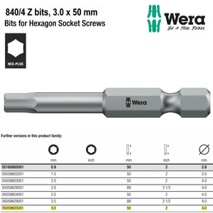 Mata Obeng Hex 3.0 x 50 mm Wera 05059605001 Bits for Hexagon Screws