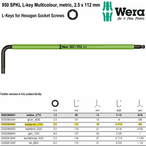 Kunci L Hex-Plus Metric 2.5 x 112 mm Wera 05022604001 Ball Point L-Key