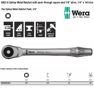 Gagang Shock Wera 05004003001 Zyklop Metal Ratchet Push 1/4" Drive