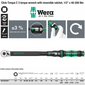 Torsi 1/2" Sq 40-200 Nm Wera 05075622001 C3 Click Torque Adjust Wrench