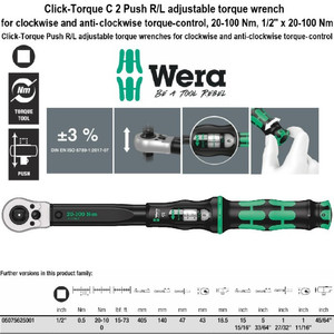 Torsi 1/2"Sq Wrench Push 20-100Nm Wera 05075625001 C2 R/L Click Torque