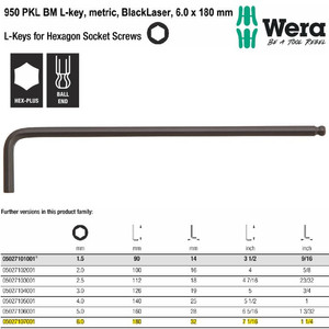 Kunci L Hex-Plus Metric 6.0 x 180 mm Wera 05027107001 Ball Point L-Key