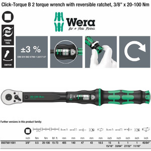 Torsi 3/8" Sq 20-100 Nm Wera 05075611001 B2 Click Torque Adjust Wrench