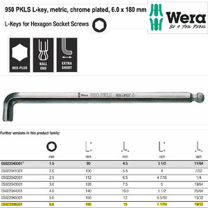 Kunci L Hex-Plus Metric 6.0 x 180 mm Wera 05022046001 Ball Point L-Key