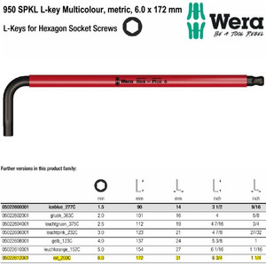 Kunci L Hex-Plus Metric 6.0 x 172 mm Wera 05022612001 Ball Point L-Key