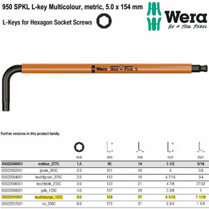 Kunci L Hex-Plus Metric 5.0 x 154 mm Wera 05022610001 Ball Point L-Key