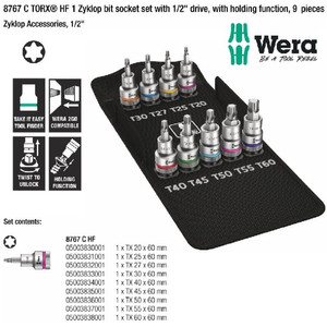 Bit Socket Bintang HF Wera 05004202001 Zyklop Accessories 1/2" D, 9 Pc