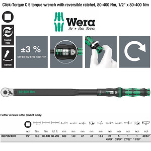 Torsi 1/2" Sq 80-400 Nm Wera 05075624001 C5 Click Torque Adjust Wrench