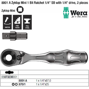 Kunci Sok 1/4" x 87 mm Wera 05073230001 Zyklop Mini 1 Bit Ratchet