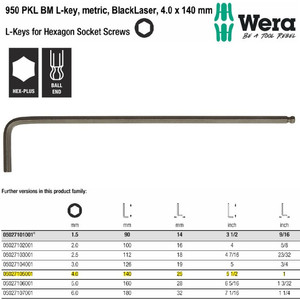 Kunci L Hex-Plus Metric 4.0 x 140 mm Wera 05027105001 Ball Point L-Key