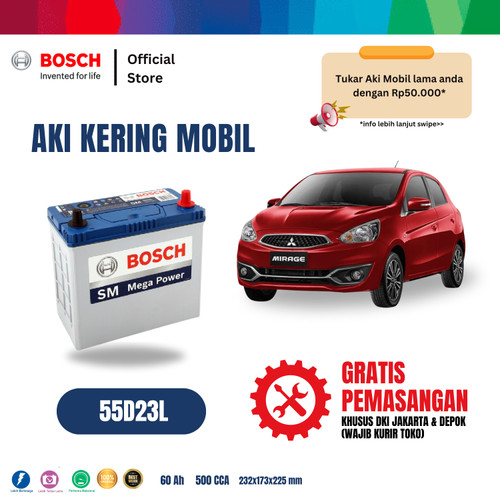 Aki Mobil Mitsubishi Mirage Bosch MF 55D23L Aki Kering Original