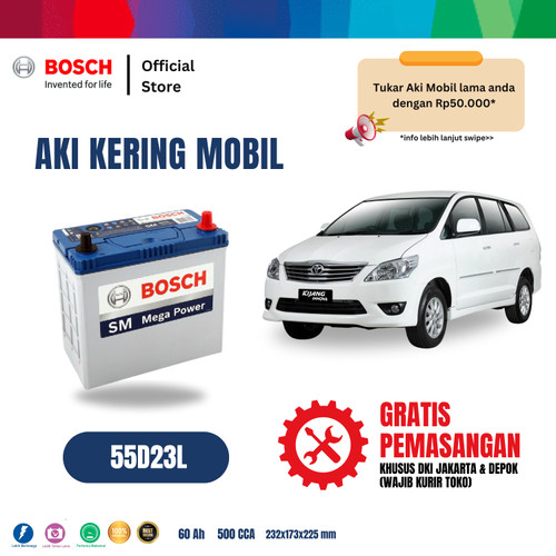 Aki Mobil Kijang Innova Bensin Bosch MF 55D23L Aki Kering Original