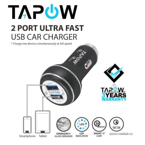 CAR CHARGER 2PORT USB QUICK CHARGING 3.0 TAPOW AUFC017-BLK