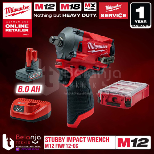 Milwaukee Stubby Impact Wrench Baterai M12 FIWF12-0C 1/2" Set 12V 2 AH