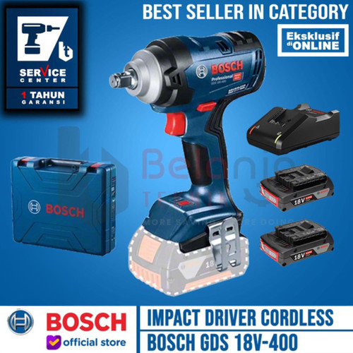 Bosch Mesin Impact Wrench Cordless GDS 18V-400 Charger Baterai X2 18V