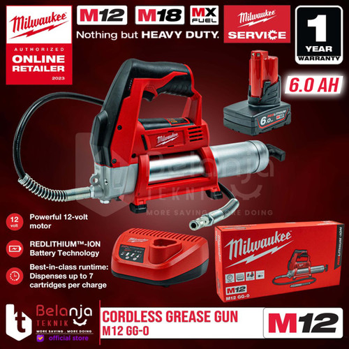 Milwaukee Grease Gun Cordless M12 GG-0 Pompa Gemuk Baterai Set 12V 6AH