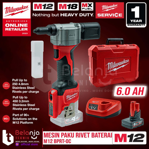 Milwaukee Mesin Paku Tembak Rivet Baterai M12 BPRT-0 Set 12 Volt 6 AH