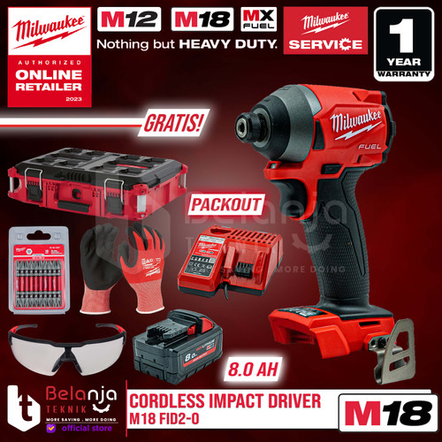 Milwaukee Impact Driver Baterai M18 FID2-0 Bor Obeng SET 18V 8 AH FID