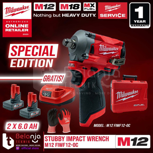 Milwaukee Stubby Impact Wrench Baterai M12 FIWF12-0C 1/2" Set 12V 6 AH