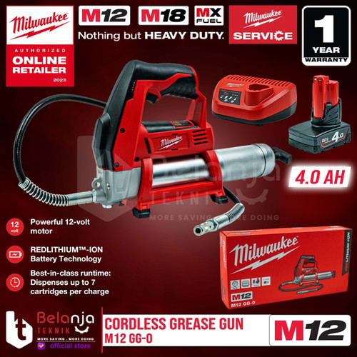 Milwaukee Grease Gun Cordless M12 GG-0 Pompa Gemuk Baterai Set 12V 4AH