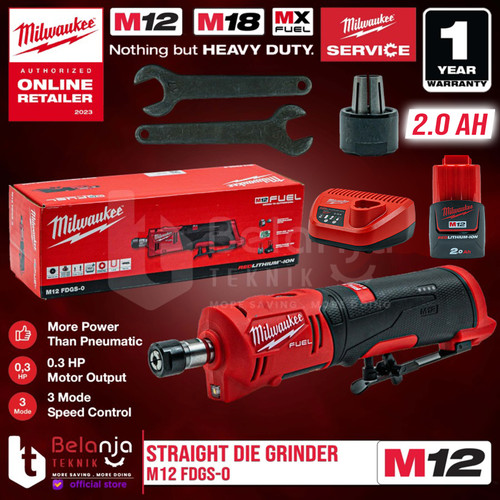 Milwaukee Gerinda Baterai M12 FDGS-0 Straight Die Grinder Set 12V 2 AH