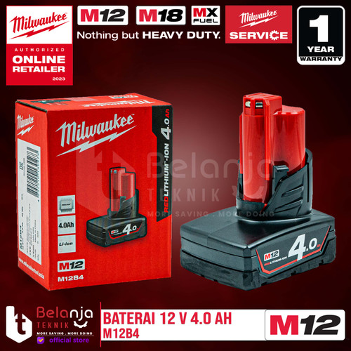 Milwaukee Battery M12 B4 Baterai 12 Volt 4 AH 12V M12B4 REDLithium Ion