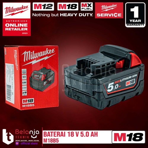 Milwaukee Battery M18 B5 Baterai 18V 5 AH 18 Volt M18B5 REDLithium Ion