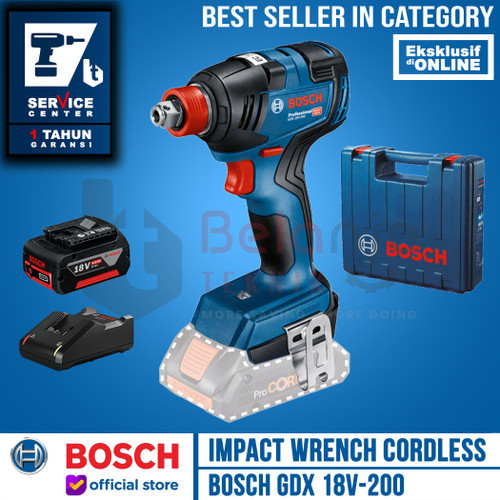 Bosch Mesin Impact Wrench Cordless GDX 18V-200 Charger Baterai 4 Ah