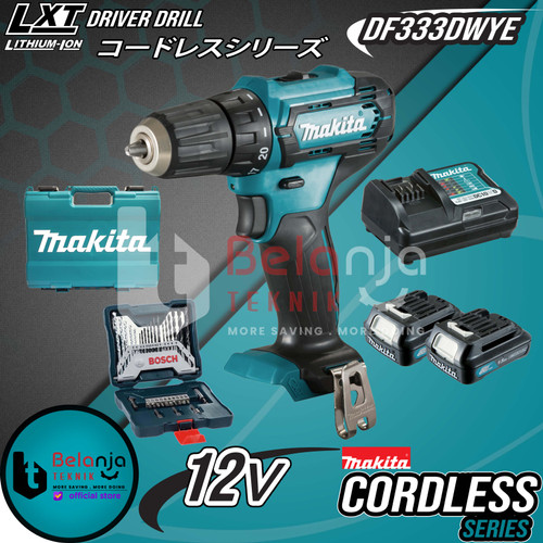 Makita Mesin Bor Obeng Baterai DF333 DWYE 12V + Bosch X-line 33 Pcs