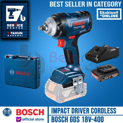 Bosch Mesin Impact Wrench Cordless GDS 18V-400 Charger Baterai 2 Ah