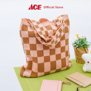 Ace - Ataru Tote Bag Rajut Checkered - Pink/Cokelat