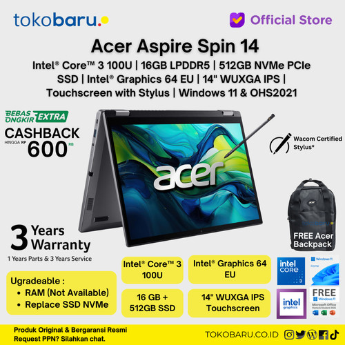 ACER ASPIRE SPIN 14 ASP14-51MTN-351C I3 100U 16GB 512GB SSD