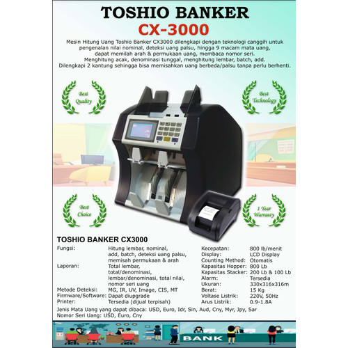 Mesin Hitung Uang Toshio CX-3000 Moner Counter Garansi Resmi