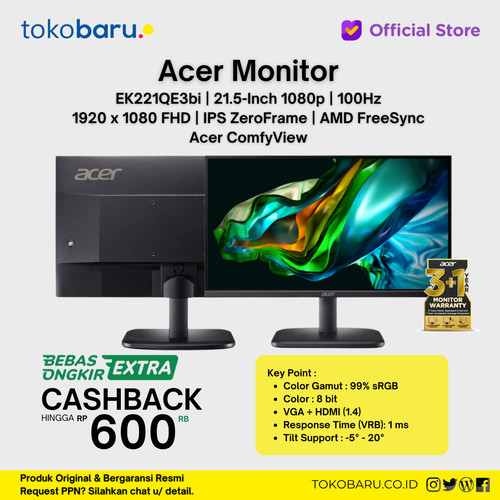 Monitor LED Acer EK221QE3 22 Inch IPS FHD 100Hz 1ms FreeSync HDMI VGA