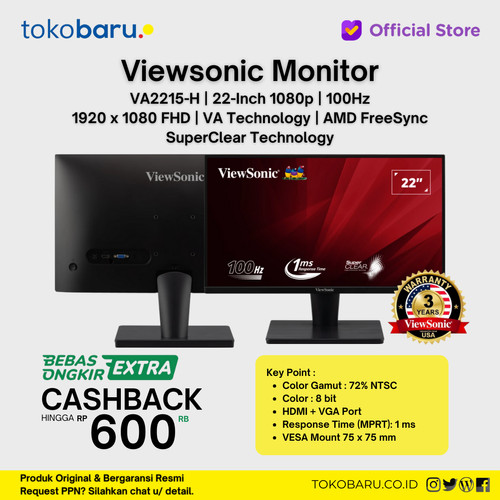 Monitor LED 22" ViewSonic VA2215-H 100Hz 1ms FreeSync VGA HDMI