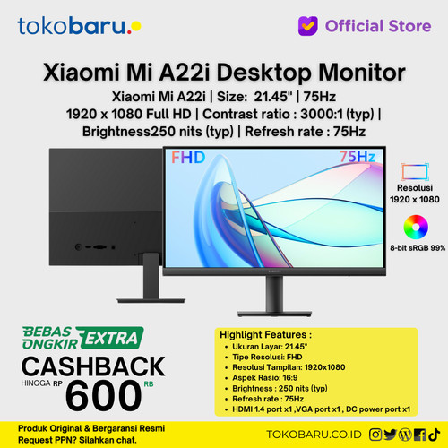 Monitor LED XIAOMI A22i 22" 1080p FHD 75Hz VGA HDMI VESA Ultra Slim