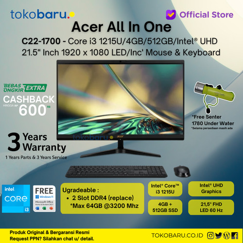 ACER PC ALL IN ONE AIO C22-1700 CORE i5-1215U 8GB 512GB W11+OHS