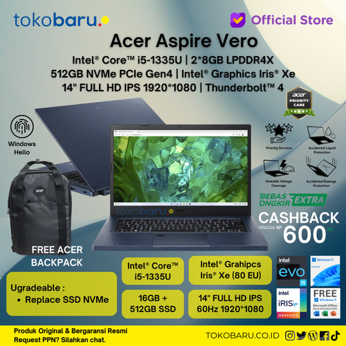 ACER LAPTOP ASPIRE VERO AV14-52P-53ED 14" i5-1335U RAM 16GB 512GB W11