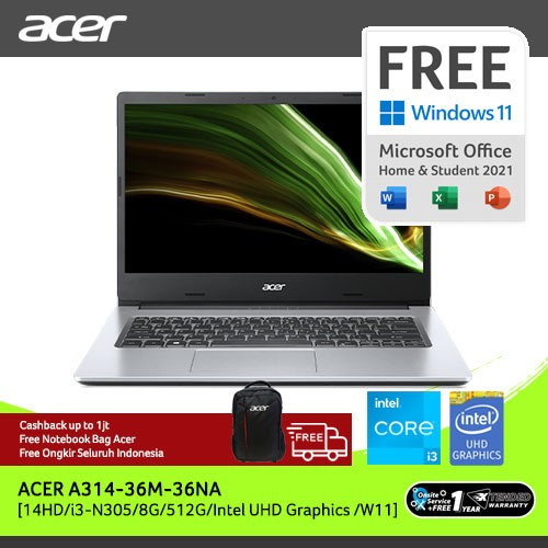 ACER LAPTOP ASPIRE 3 A314-36M-36NA 14HD INTEL i3-N305 RAM 8G 512G SSD