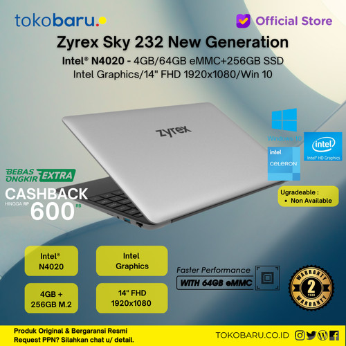 LAPTOP ZYREX SKY 232 NEW GENERATION N4020 RAM 4GB 256GB SSD+64GB WIN10