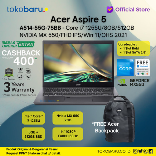 Acer Aspire A514-55G-75BB i7-1255U-MX550-8GB-512GB SSD-Win 11+OHS