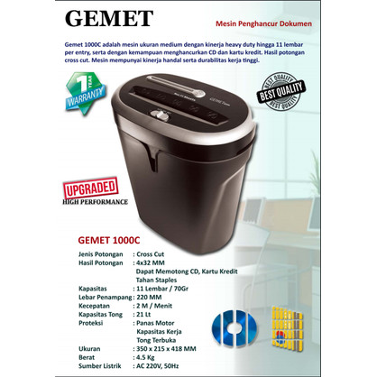 GEMET 1000C NEW Mesin pengahancur Kertas Cross Cut-Garansi 1 Tahun