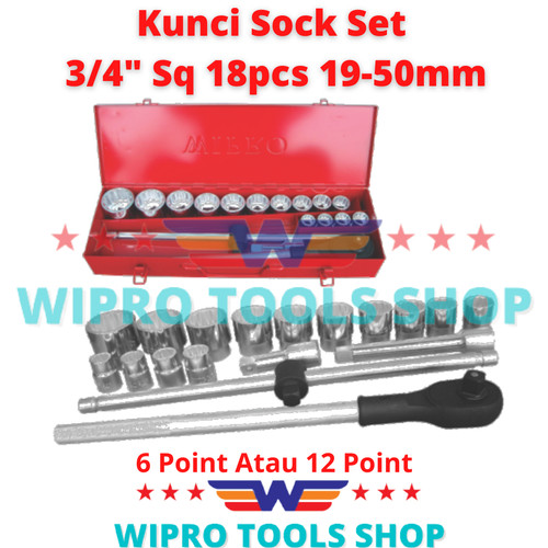 Kunci Sok Sock Set 3/4" Sq 18Pcs 19-50mm 6Pt / 12Pt Chrome Wipro