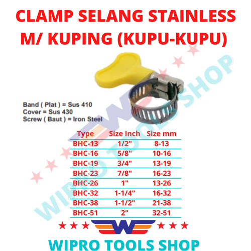 Hose Clamp / Klem Selang Kupu Kupu / Kuping Stanless Handle Plastic