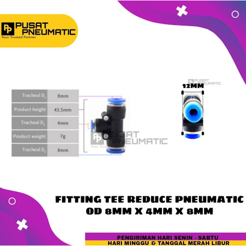 MPEG 8-4 FITTING TEE REDUCE PNEUMATIC SELANG 8MM KIRI KANAN 4MM BAWAH