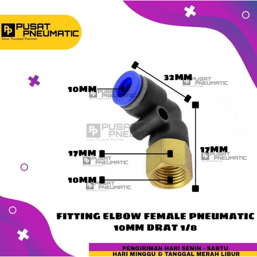 PLF 10-01 FITTING ELBOW PNEUMATIC FEMALE SELANG 10MM DRAT 1/8"