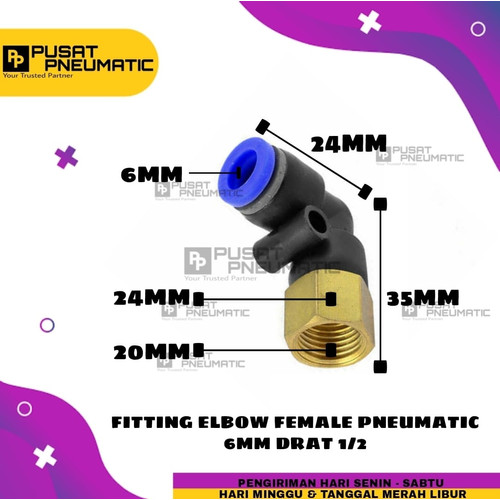 PLF 6-04 FITTING ELBOW PNEUMATIC FEMALE SELANG 6MM DRAT 1/2"