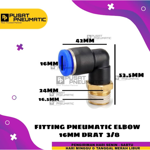 FITTING ELBOW PNEUMATIC SELANG 16 MM DRAT 3/8 PL 16-03