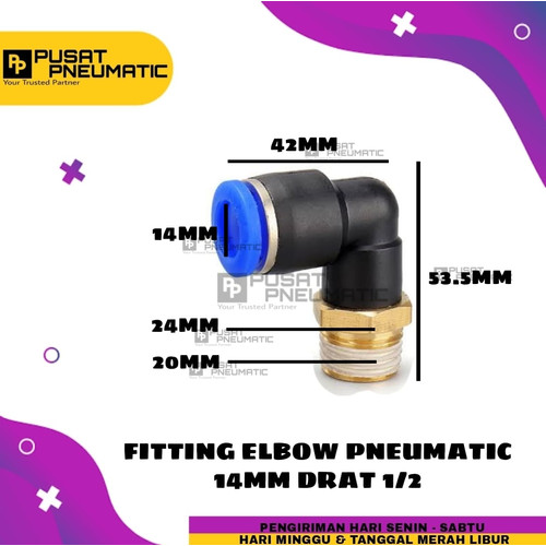 FITTING ELBOW PNEUMATIC SELANG 14 MM DRAT 1/2 PL 14-04