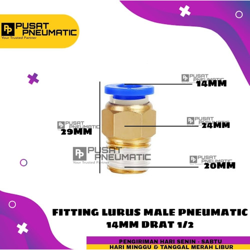 FITTING LURUS MALE PNEUMATIC SELANG 14MM DRAT 1/2"